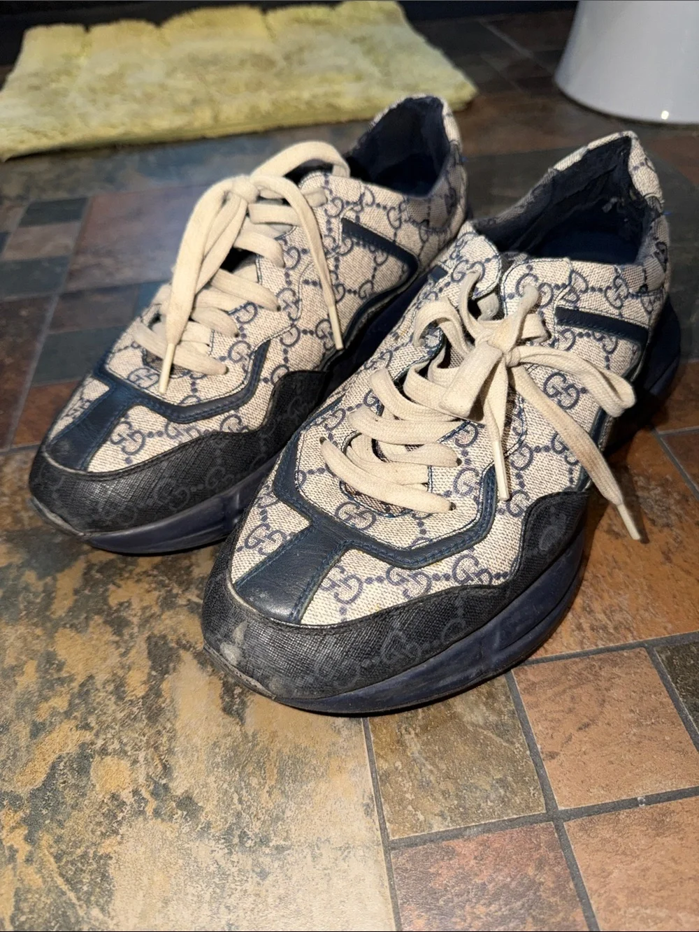 Gucci Beige Canvas GG Logo Sneakers with Navy Trim
